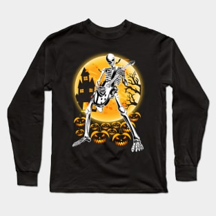 Happy Halloween Funny Skeleton Playing Guitar Pumpkin Long Sleeve T-Shirt